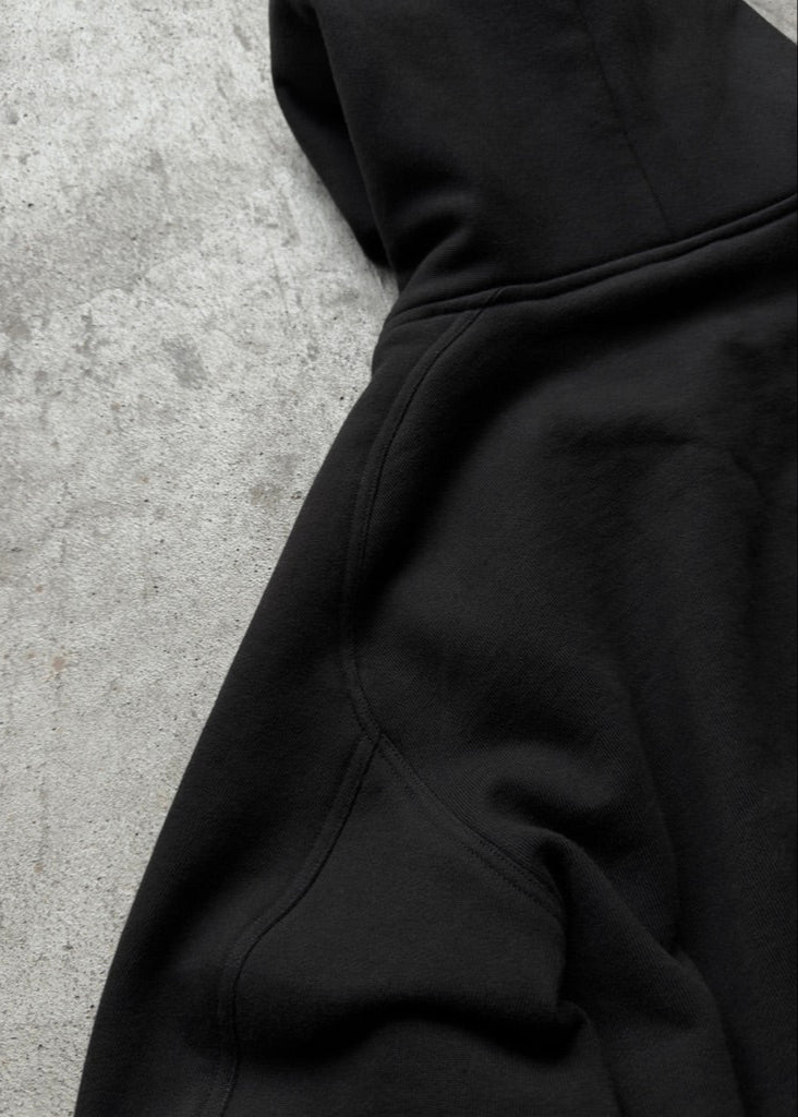 NEVER STRUGGLED V2 ZIP UP JACKET BLACK BACK CURVED RAGLAN DETAIL, DOUBLE TOP STITCH, 100% COTTON 500 GSM