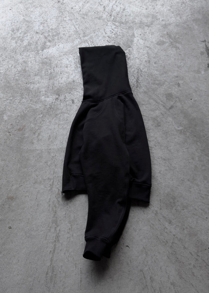 NEVER STRUGGLED V2 ZIP UP JACKET BLACK SIDE FLAT VIEW, CURVED RAGLAN DETAIL, 100% COTTON 500 GSM
