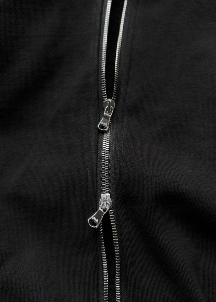 NEVER STRUGGLED V2 ZIP UP JACKET BLACK, 2-WAY LAMPO FASTENER DETAIL, CLOSE UP OF FABRIC DETAIL, 100% COTTON 500 GSM