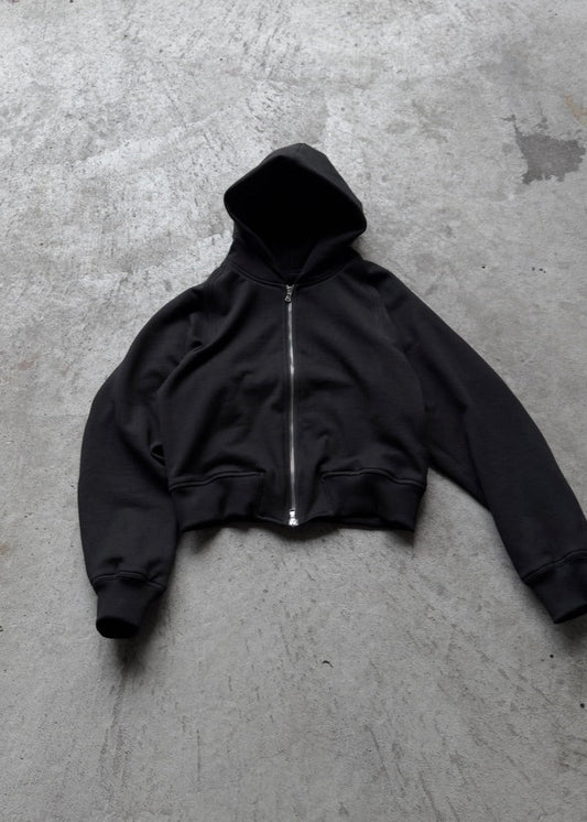 NEVER STRUGGLED V2 ZIP UP JACKET BLACK FRONT FLAT, LAMPO 2-WAY ZIPPER, 100% COTTON 500 GSM