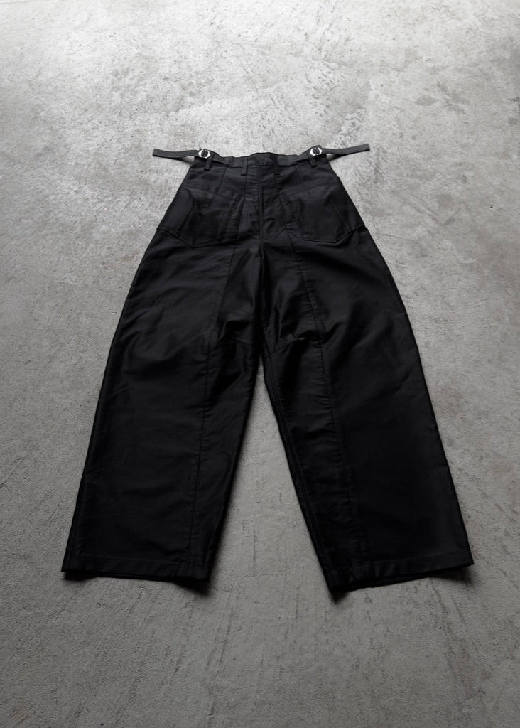NEVER STRUGGLED DARTED TROUSERS BACK, SPLIT SEAM, METAL WAIST ADJUSTERS, BACK DARTED POCKETS, BELT LOOPS, JAPANESE HEAVYWEIGHT MOLESKIN FABRIC 100% COTTON